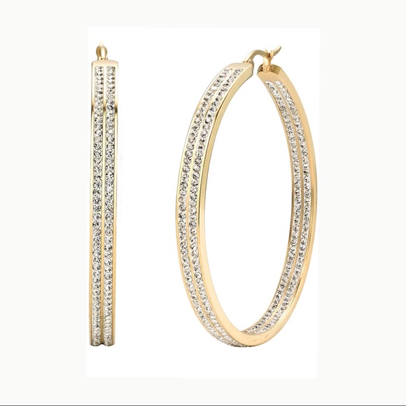 Woman’s Gold Pave’ Large Gold Hoop Earrings - Picture 7 of 8